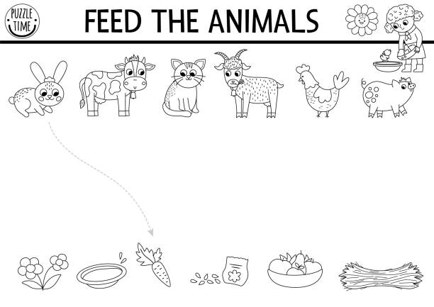 Black and white farm matching activity with animals, food. Country puzzle with rabbit, cow, hen, goat, pig. Match the objects game. Feed the animals printable coloring page. On the farm match up Black and white farm matching activity with animals, food. Country puzzle with rabbit, cow, hen, goat, pig. Match the objects game. Feed the animals printable coloring page. On the farm match up kid goat stock illustrations