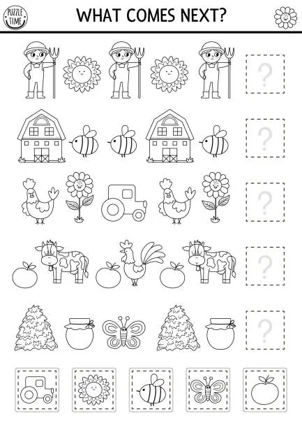 Vector illustration of What comes next. Black and white farm matching activity with traditional country symbols. Funny line rural village puzzle. On the farm logical worksheet. Continue the row coloring game