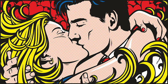 Pop art style illustration of a young romantic couple in a passionate kiss.