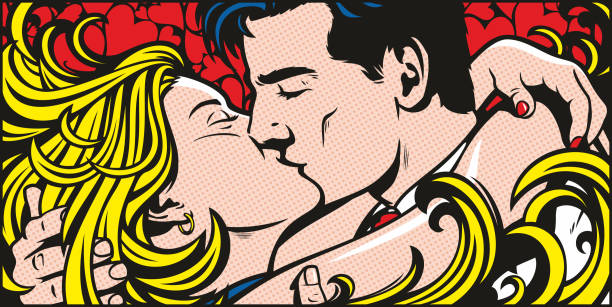 Romantic couple Pop art style illustration of a young romantic couple in a passionate kiss. kissing illustrations stock illustrations