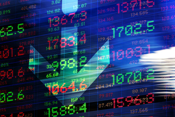 istock Finance. Graphic Arrow. Abstract office Buildings and Trading Screen Data. 1382407019