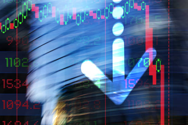 istock Finance. Graphic Arrow. Abstract office Buildings and Trading Screen Data. 1382407025