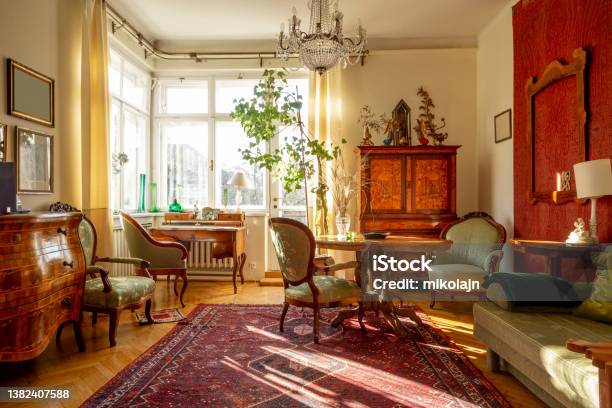 Living Room Full Of Antique Furnitre House Interior Design Stock Photo - Download Image Now