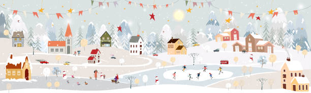겨울 풍경, 크리스마스와 새해 를 축하 2023 밤에 마을에서 행복 북극곰 공원에서 얼음 스케이트를 재생, 시골에서 수평 배너 겨울 원더 랜드의 벡터 - christmas village urban scene winter stock illustrations