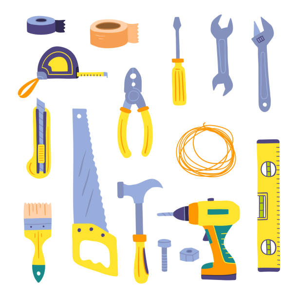 漫画色様々な作業ツールアイコンセット。ベクトル - work tool symbol hammer repairing点のイラスト素材／クリップアート素材／マンガ素材／アイコン素材