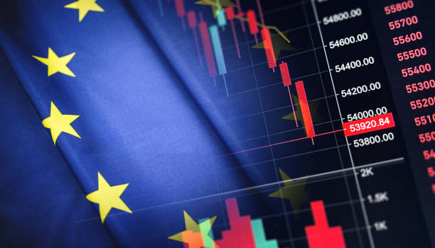 stock market down and european flag stock photo