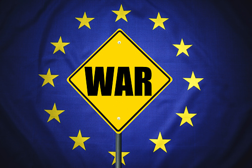 war street sign with european flag