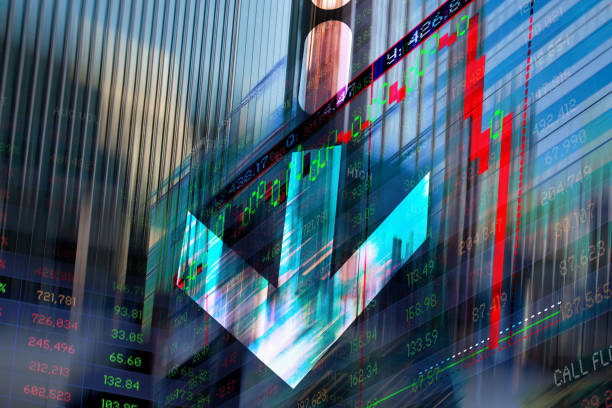 istock Finance. Graphic Arrow. Abstract office Buildings and Trading Screen Data. 1382447503