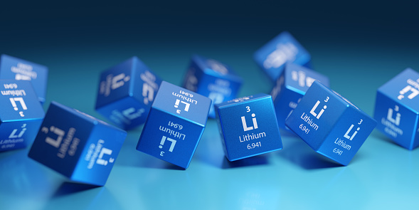 Lithium (Li) is a soft metal and conducts electricity and heat. Used in science and research, nuclear technology, industry, battery and chemistry. Promotional education periodic element background 3D render.