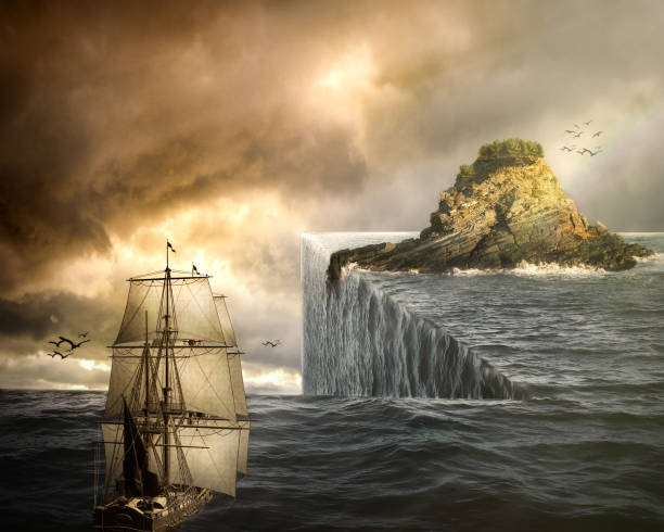 Surreal waterfall boat with islet