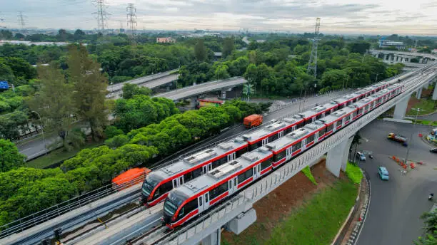 Aerial view of Jakarta LRT train trial run for phase 1 from UKI Cawang. Jakarta, Indonesia