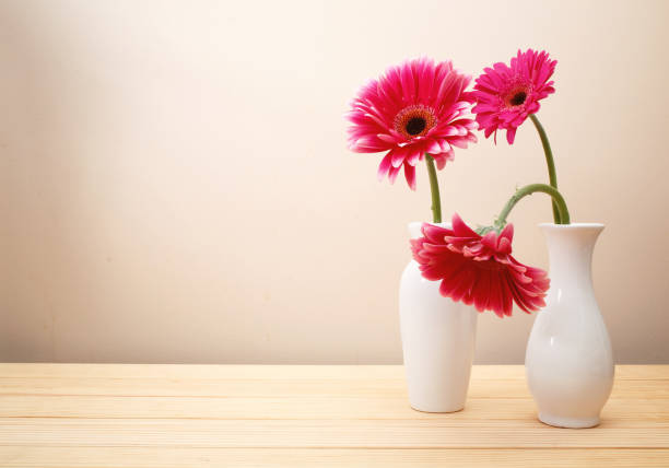 Gerbera flowers in a white vase on a wood table