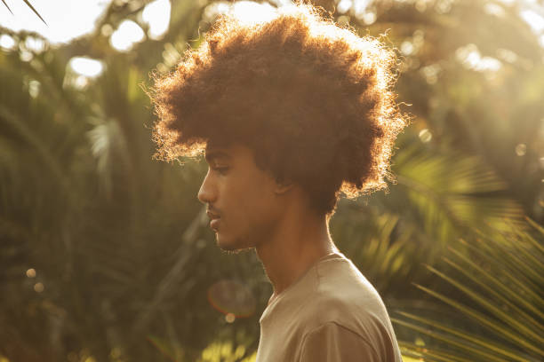 ヤシの木の間でアフリカの髪型を持つアフリカ系アメリカ人男性 - nature curly hair smiling human face ストックフォトと画像