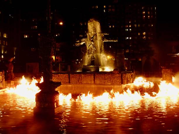 istock Fountain with flames at night Montreal 1382471230