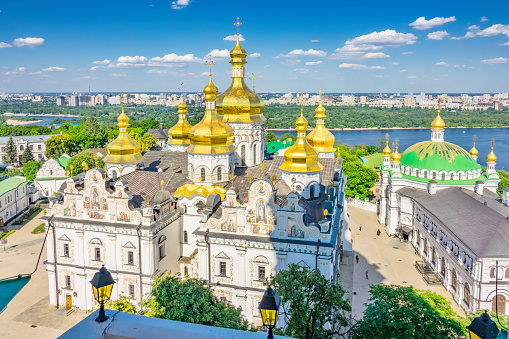 The Dormition Cathedral at the landmark Kiev Pechersk Lavra monastery in Kyiv Ukraine on a sunny day, a UNESCO World Heritage Site.