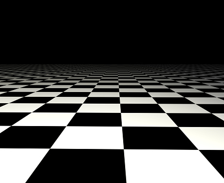 Checkered pattern flooring and abstract product background on dark room pedestal or stage podium with backdrops display.