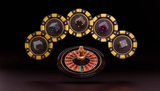 istock Realistic roulette wheel on dark background. Realistic casino roulette table,flying chips and playing dice. Gambling concept design. 3d rendering. 1382479498