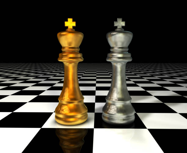 황금과 은색 왕 체스의 두 스탠드 . 비즈니스 얼라이언스 및 마케팅 전략 기획 개념의 우승자. - chess defending chess piece chess board 뉴스 사진 이미지