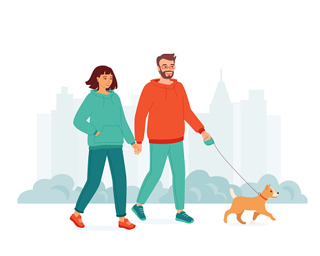 A couple in sporty clothes walks with dog holding hands. Concept of happy young family spend time together in city park. Active weekend, healthy lifestyle. Isolated vector illustrations