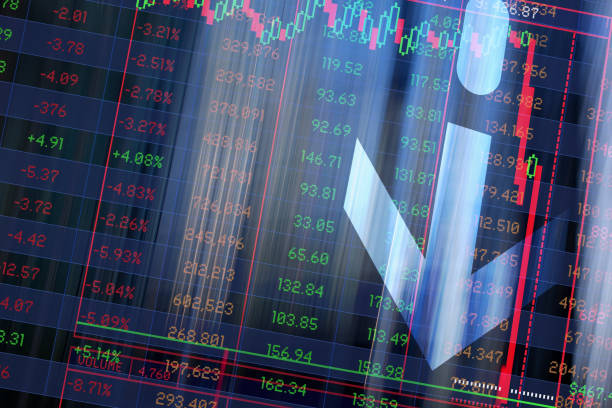 istock Finance. Graphic Arrow. Blurred office Buildings and Trading Screen Data. 1382481909