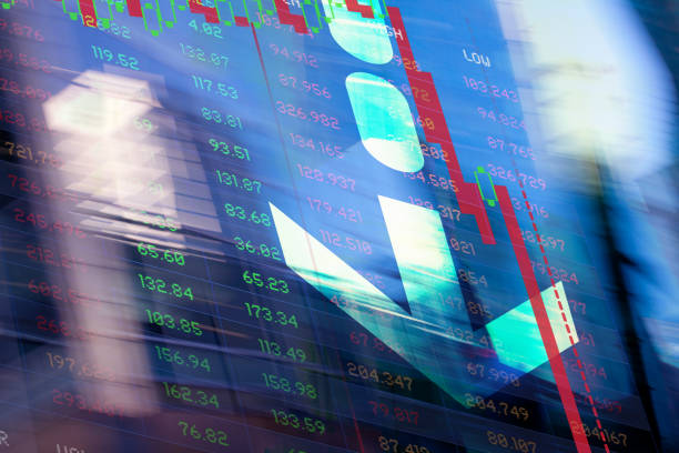 istock Finance. Graphic Arrow. Blurred office Buildings and Trading Screen Data. 1382482074