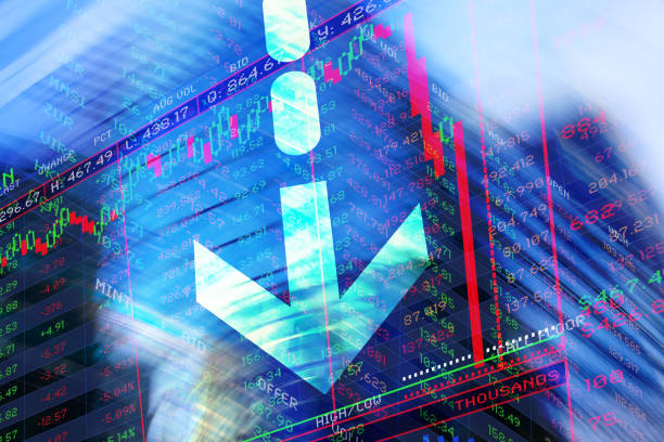 istock Finance. Graphic Arrow. Blurred office Buildings and Trading Screen Data. 1382482108