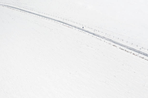 Aerial view of a person walking on a path through a field of snow in a rural landscape.