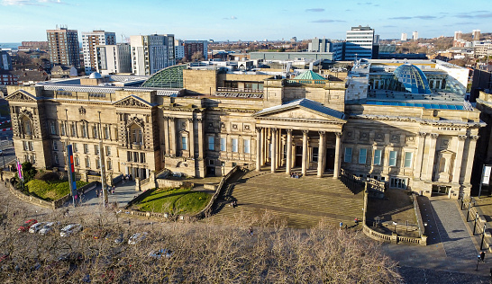 6th March 2022:  Aerial drone view of the World Museum and Central Library in the St. George's Quarter of the city of Liverpool in the north west of England. Opened in 1860 the museum is home to a vast collections of scientific, natural world and global artefacts showing world cultures. The building also houses a planetarium.