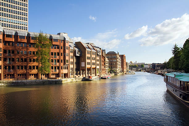 canal in town with houses and apartments. waterside in bristol in england