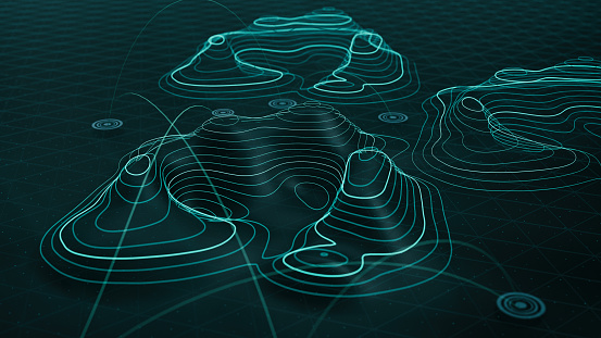 Abstract Hologram Landscape background - 3d rendered image of topology structure map. Polygonal wireframe design element.\nVirtual reality,  Augmented reality technology concept. Plexus design elements - connections symbol.