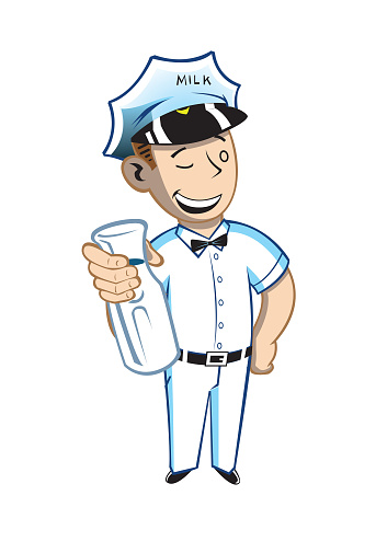The vector illustration is of a Milkman from the 1900’s. This milkman is dressed in white with a black bow tie. With a smile on his face, he hold’s what you love most, Milk!