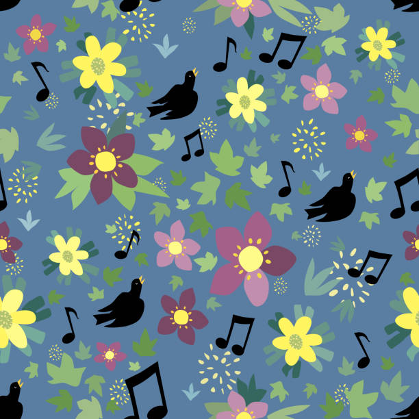 ptasi śpiew wiosenny bezszwowy kwiatowy wzór - spring birdsong bird seamless stock illustrations