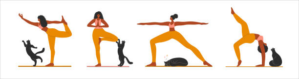 illustrations, cliparts, dessins animés et icônes de femme afro-américaine faisant du yoga à la maison avec son mignon chat. - silhouette animal black domestic cat