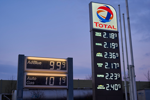 Denkendorf, Germany - March 07, 2022: Price board with highest gasoline, diesel and fuel prices. Most expensive gas and oil prices at German Total gas stations in Europe.