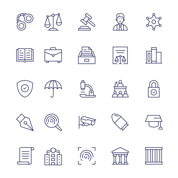 ilustrações de stock, clip art, desenhos animados e ícones de law and crime editable stroke line icons - lawsuit