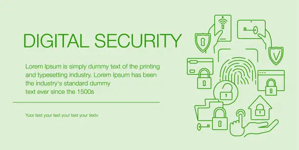 Vector illustration of Digital Security Web Banner Composition Icons Editable Stroke