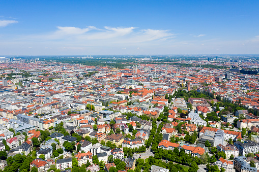 Cityscape of central Munich with traditional residential buildings viewed from above, Bavaria, Germany.