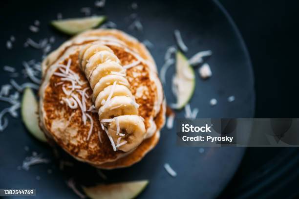 Directly Above The Delicious Pancake With Banana Stock Photo - Download Image Now - Banana, Pancake, Mexico
