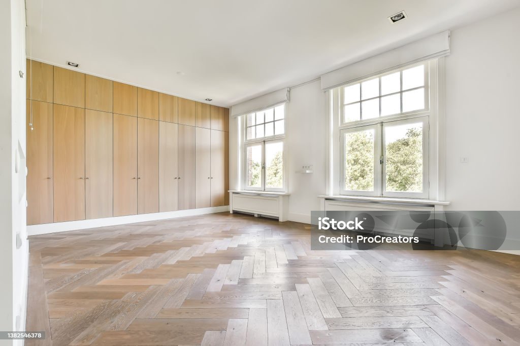 Modern living room Modern living room with wall-to-wall built-in wood cabinets. Spacious semi empty style living room Living Room Stock Photo