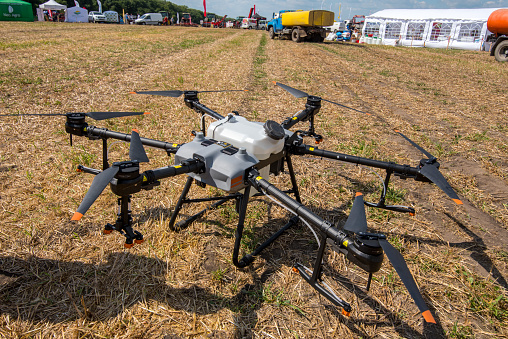 drone fertilizer sprayer at the demonstration of agricultural machinery \