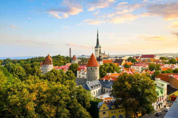 vista della città medievale murata di tallinn estonia mentre il sole tramonta dall'alto della città a toompea hill. - tallinn foto e immagini stock