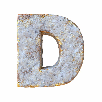 Stone with golden metal particles Letter D 3D rendering illustration isolated on white background