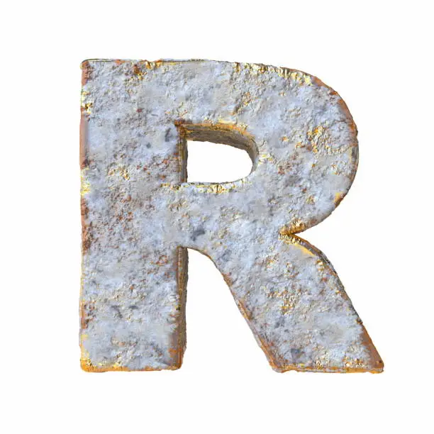 Stone with golden metal particles Letter R 3D rendering illustration isolated on white background