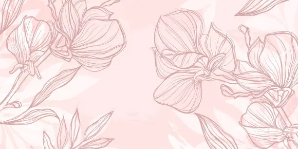 Vector illustration of Abstract art pink floral background. hand draw outline flowers magnolia sketch with leaves and brush stroke. Vector background for wall decoration, banner, postcard, poster or brochure