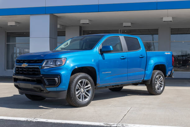 Chevrolet Colorado pickup display. Chevy offers the Colorado in the base LS, ZR2, Z71 and LT models. stock photo