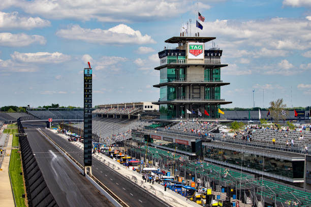 Practice sessions at Indianapolis Motor Speedway. Hosting the Indy 500 and Brickyard 400, IMS is The Racing Capital of the World. Indianapolis - Circa May 2019: Practice sessions at Indianapolis Motor Speedway. Hosting the Indy 500 and Brickyard 400, IMS is The Racing Capital of the World. motor racing track photos stock pictures, royalty-free photos & images
