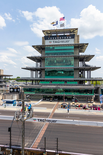 Indianapolis - Circa May 2021: The Yard of Bricks, Start Finish line, and Pagoda at Indianapolis Motor Speedway. IMS is home of the Indy 500 and Brickyard 400.