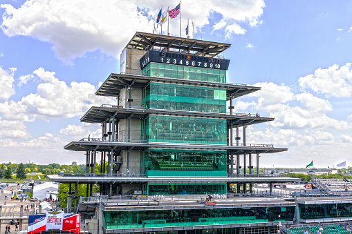 Indianapolis - Circa May 2017: The Pagoda at Indianapolis Motor Speedway. Hosting the Indy 500 and Brickyard 400, IMS is The Racing Capital of the World.