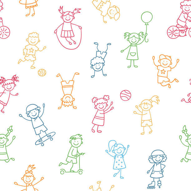 ilustrações de stock, clip art, desenhos animados e ícones de seamless pattern with doodle children. hand drawn funny little kids play, run and jump. color cute children crayon drawing. vector illustration in doodle style on white background - little boys cartoon child drawing