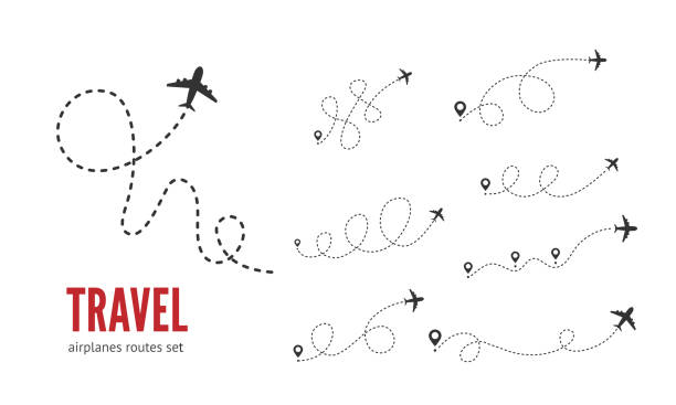 Airplane dotted path tracking vector illustration isolated on white Airplane dashed lines path with start point and dash line trace vector set. Travel concept. Airplane routes plane stock illustrations
